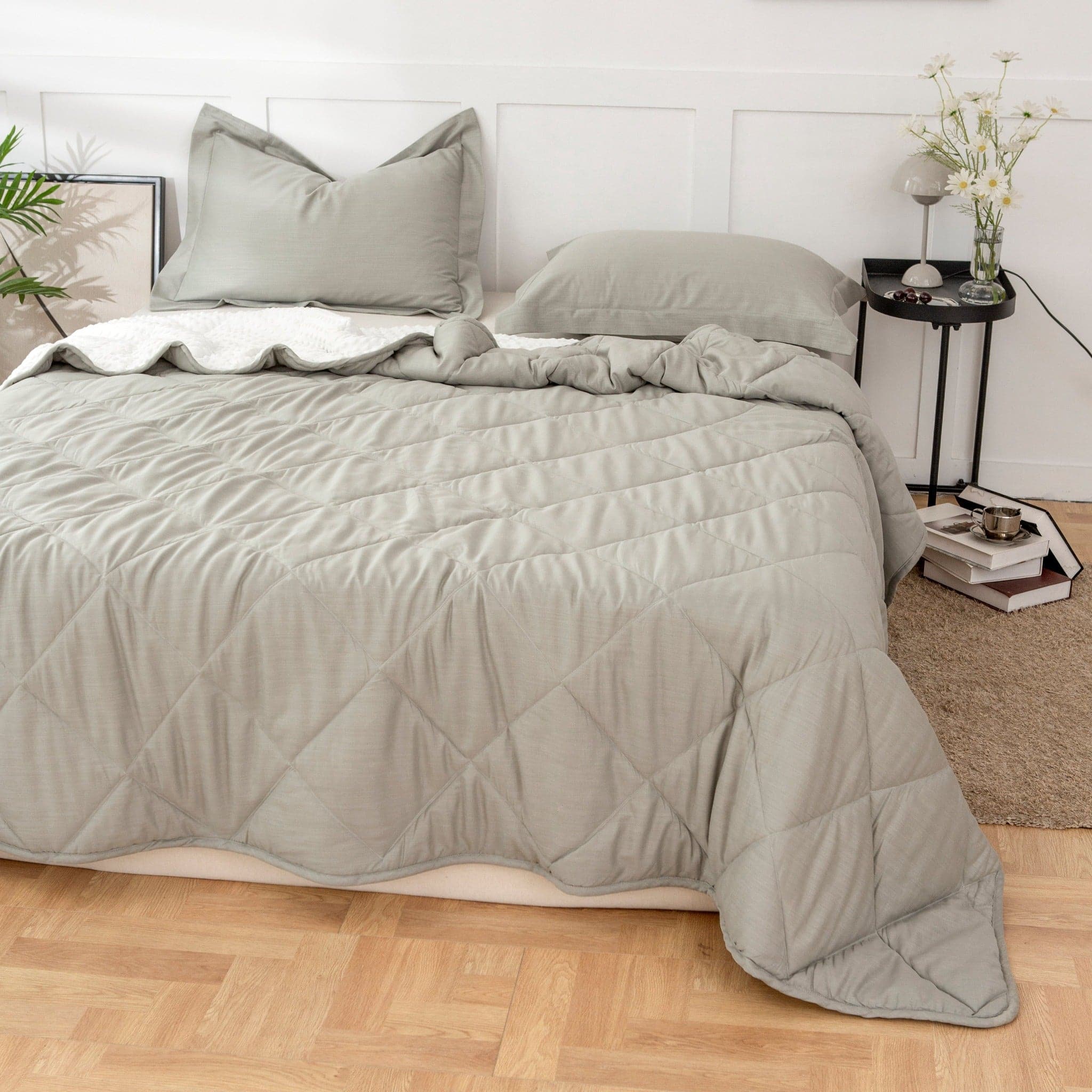 Quilted Grey Comforter and Pillows