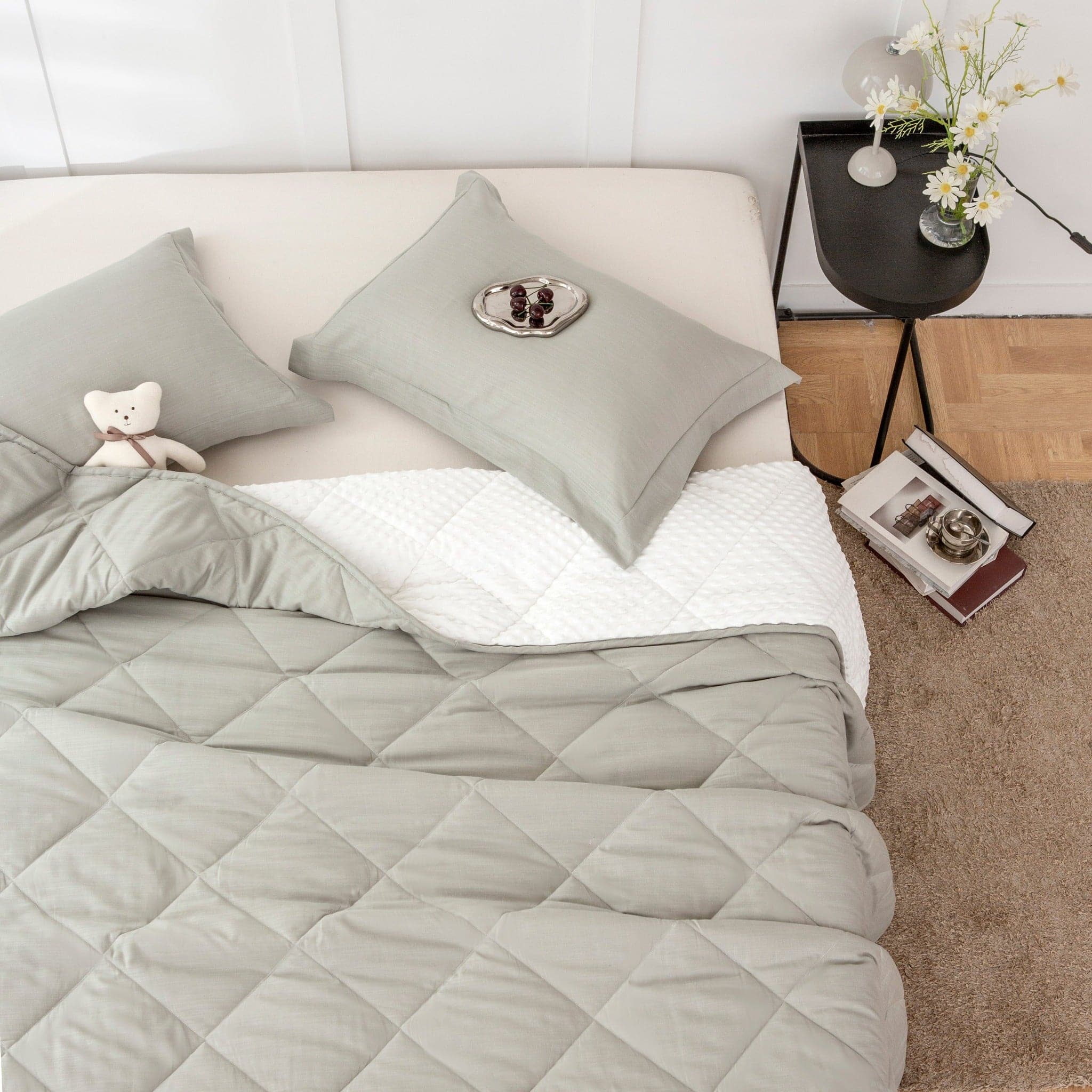 Quilted Grey Comforter and Pillows
